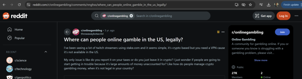 Where can people online gamble in the US, legally?